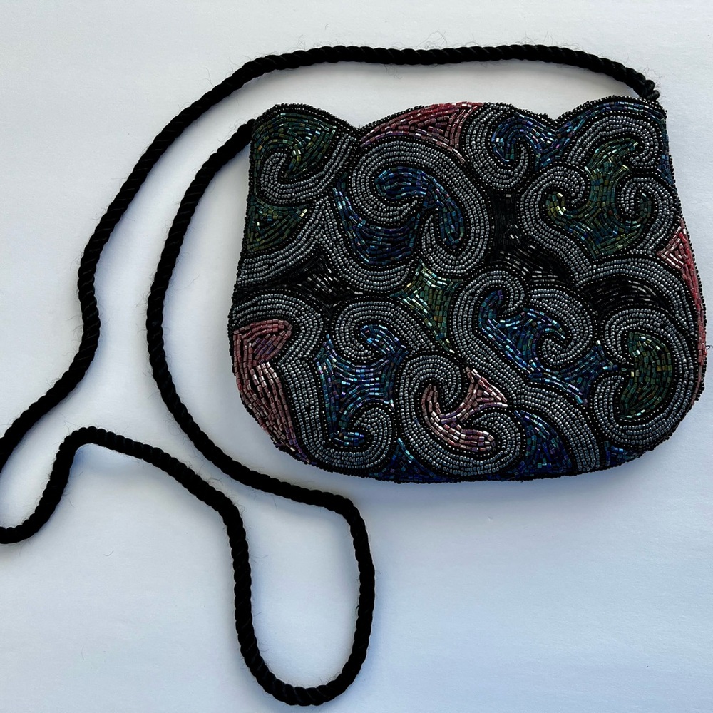 Vintage Andre Cellini Black & Multicolored Beaded Evening Bag Snap Open 7.5”x 6”
